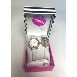 Betsey Johnson White Rose Gold Owl Watch and Bracelet Set with Box